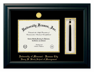 University of Missouri - Kansas City Henry W. Bloch School of Management Diploma with Tassel Box Frame in Satin Black with Black & Gold Mats for document: 8 1/2"h x 11"w  