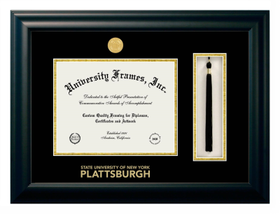 Plattsburgh State University (SUNY Plattsburgh) Diploma with Tassel Box Frame in Satin Black with Black & Gold Mats for document: 8 1/2"h x 11"w  