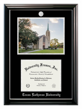 Texas Lutheran University Double Opening with Campus Image (Stacked) Frame in Classic Ebony with Silver Trim with Black & Silver Mats for document: 8 1/2"h x 11"w  