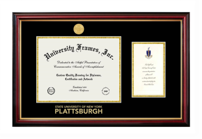 Plattsburgh State University (SUNY Plattsburgh) Diploma with Announcement Frame in Petite Mahogany with Gold Trim with Black & Gold Mats for document: 8 1/2"h x 11"w  , diploma: 7"h x 4"w  