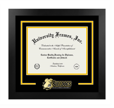 Texas Lutheran University College of Arts and Sciences Logo Mat Frame in Manhattan Black with Black & Amber Mats for document: 8 1/2"h x 11"w  
