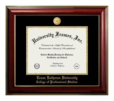 Texas Lutheran University College of Professional Studies Diploma Frame in Classic Mahogany with Gold Trim with Black & Gold Mats for document: 8 1/2"h x 11"w  