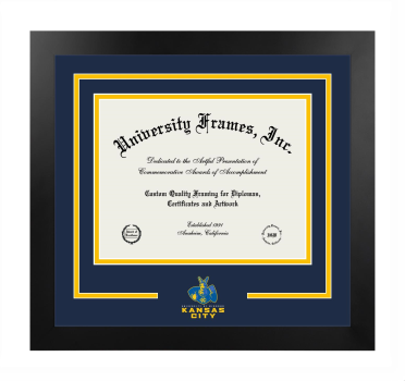 University of Missouri - Kansas City School of Computing and Engineering Logo Mat Frame in Manhattan Black with Navy Blue & Amber Mats for document: 8 1/2"h x 11"w  