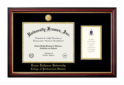 Texas Lutheran University College of Professional Studies Diploma with Announcement Frame in Petite Mahogany with Gold Trim with Black & Gold Mats for document: 8 1/2"h x 11"w  , diploma: 7"h x 4"w  