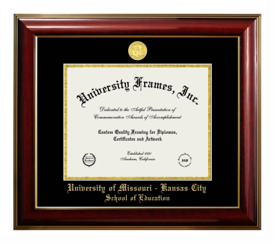 University of Missouri - Kansas City School of Education Diploma Frame in Classic Mahogany with Gold Trim with Black & Gold Mats for document: 8 1/2"h x 11"w  