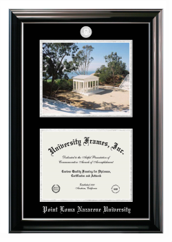 Point Loma Nazarene University Double Opening with Campus Image (Stacked) Frame in Classic Ebony with Silver Trim with Black & Silver Mats for document: 8 1/2"h x 11"w  