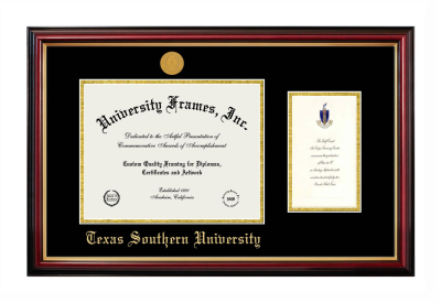 Texas Southern University Diploma with Announcement Frame in Petite Mahogany with Gold Trim with Black & Gold Mats for document: 8 1/2"h x 11"w  , diploma: 7"h x 4"w  