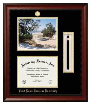 Point Loma Nazarene University Double Opening with Campus Image & Tassel Box (Stacked) Frame in Avalon Mahogany with Black & Gold Mats for document: 8 1/2"h x 11"w  