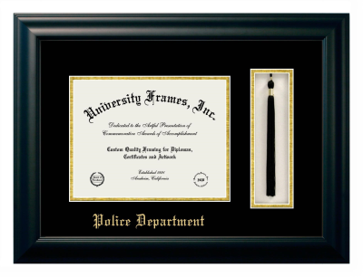 Police Department Diploma with Tassel Box Frame in Satin Black with Black & Gold Mats for document: 8 1/2"h x 11"w  