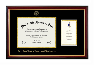 Texas State Board of Examiners of Psychologists Diploma with Announcement Frame in Petite Mahogany with Gold Trim with Black & Gold Mats for document: 8 1/2"h x 11"w  , diploma: 7"h x 4"w  