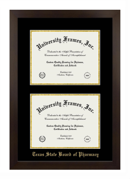 Texas State Board of Pharmacy Double Diploma Frame in Manhattan Espresso with Black & Gold Mats for document: 8 1/2"h x 11"w  , document: 8 1/2"h x 11"w  