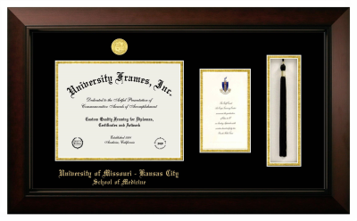 University of Missouri - Kansas City School of Medicine Diploma with Announcement & Tassel Box Frame in Legacy Black Cherry with Black & Gold Mats for document: 8 1/2"h x 11"w  , diploma: 7"h x 4"w  