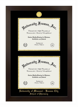 University of Missouri - Kansas City School of Pharmacy Double Diploma Frame in Manhattan Espresso with Black & Gold Mats for document: 8 1/2"h x 11"w  , document: 8 1/2"h x 11"w  