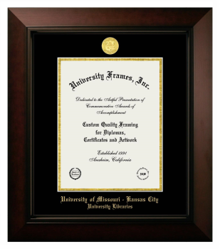 University of Missouri - Kansas City University Libraries Diploma Frame in Legacy Black Cherry with Black & Gold Mats for document: 11"h x 8 1/2"w  