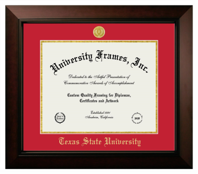 Texas State University Diploma Frame in Legacy Black Cherry with Red & Gold Mats for document: 11"h x 14"w  