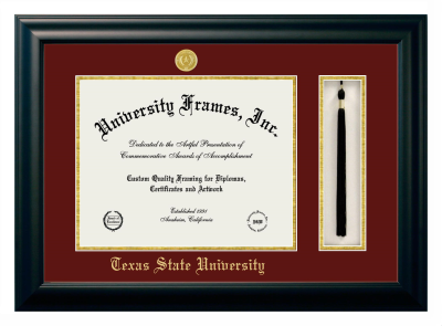 Texas State University Diploma with Tassel Box Frame in Satin Black with Maroon & Gold Mats for document: 11"h x 14"w  
