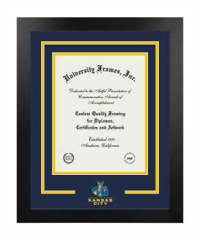 University of Missouri - Kansas City University Libraries Logo Mat Frame in Manhattan Black with Navy Blue & Amber Mats for document: 11"h x 8 1/2"w  