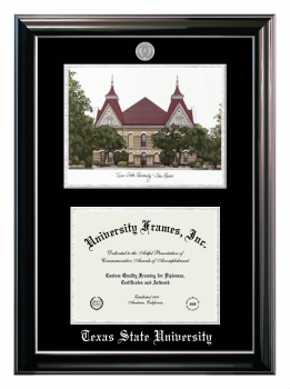 Texas State University Double Opening with Campus Image (Stacked) Frame in Classic Ebony with Silver Trim with Black & Silver Mats for document: 8 1/2"h x 11"w  