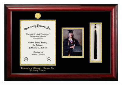 University of Missouri - Kansas City University Libraries Diploma with 5 x 7 Portrait & Tassel Box Frame in Classic Mahogany with Black & Gold Mats for document: 11"h x 8 1/2"w  