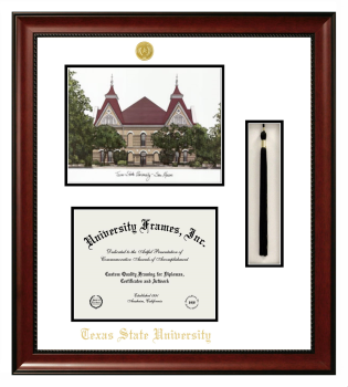 Texas State University Double Opening with Campus Image & Tassel Box (Stacked) Frame in Avalon Mahogany with White & Black Mats for document: 8 1/2"h x 11"w  