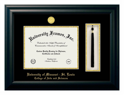 University of Missouri - St. Louis College of Arts and Sciences Diploma with Tassel Box Frame in Satin Black with Black & Gold Mats for document: 8 1/2"h x 11"w  