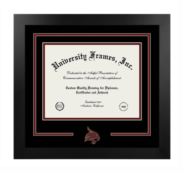 Texas State University College of Fine Arts & Communication Logo Mat Frame in Manhattan Black with Black & Maroon Mats for document: 8 1/2"h x 11"w  