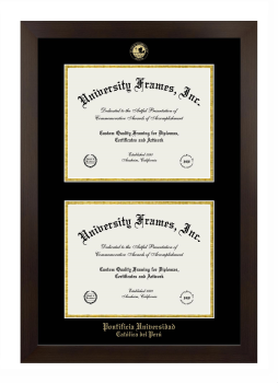 Pontificia Universidad Catolica del Peru Double Diploma Frame in Manhattan Espresso with Black & Gold Mats for document: 8 1/2"h x 11"w  , document: 8 1/2"h x 11"w  