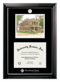 Portland State University Double Opening with Campus Image (Stacked) Frame in Classic Ebony with Silver Trim with Black & Silver Mats for document: 8 1/2"h x 11"w  