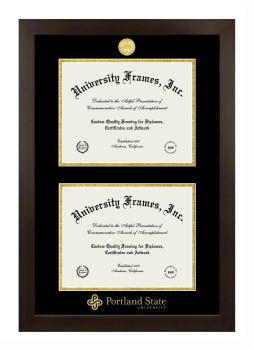Portland State University Double Diploma Frame in Manhattan Espresso with Black & Gold Mats for document: 8 1/2"h x 11"w  , document: 8 1/2"h x 11"w  