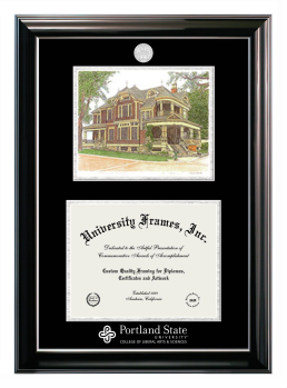 Portland State University College of Liberal Arts & Sciences Double Opening with Campus Image (Stacked) Frame in Classic Ebony with Silver Trim with Black & Silver Mats for document: 8 1/2"h x 11"w  