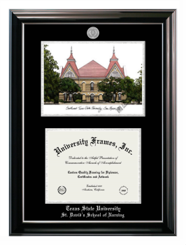 Texas State University St. David's School of Nursing Double Opening with Campus Image (Stacked) Frame in Classic Ebony with Silver Trim with Black & Silver Mats for document: 8 1/2"h x 11"w  
