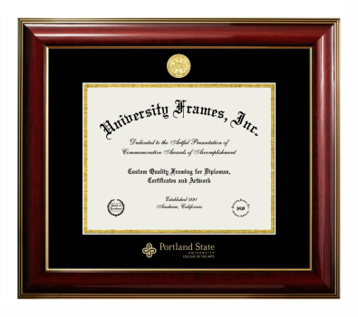 Portland State University College of the Arts Diploma Frame in Classic Mahogany with Gold Trim with Black & Gold Mats for document: 8 1/2"h x 11"w  