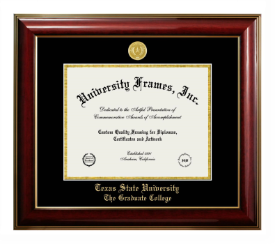 Texas State University The Graduate College Diploma Frame in Classic Mahogany with Gold Trim with Black & Gold Mats for document: 8 1/2"h x 11"w  