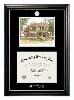 Portland State University College of the Arts Double Opening with Campus Image (Stacked) Frame in Classic Ebony with Silver Trim with Black & Silver Mats for document: 8 1/2"h x 11"w  