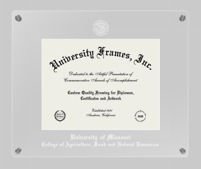 University of Missouri College of Agriculture, Food and Natural Resources Lucent Clear-over-Clear Frame in Lucent Clear Moulding with Lucent Clear Mat for document: 8 1/2"h x 11"w  