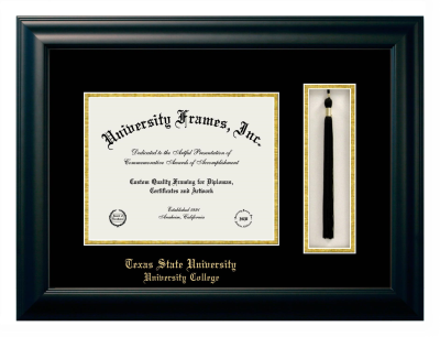 Texas State University University College Diploma with Tassel Box Frame in Satin Black with Black & Gold Mats for document: 8 1/2"h x 11"w  