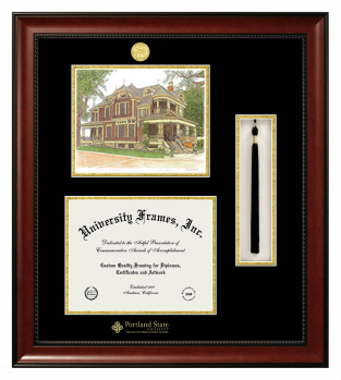 Portland State University College of Urban & Public Affairs Double Opening with Campus Image & Tassel Box (Stacked) Frame in Avalon Mahogany with Black & Gold Mats for document: 8 1/2"h x 11"w  