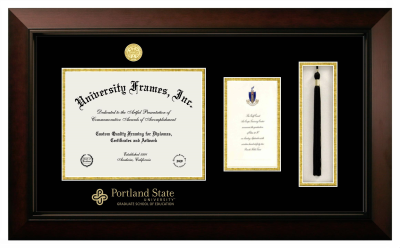 Portland State University Graduate School of Education Diploma with Announcement & Tassel Box Frame in Legacy Black Cherry with Black & Gold Mats for document: 8 1/2"h x 11"w  , diploma: 7"h x 4"w  