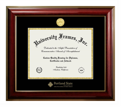 Portland State University OHSU-PSU School of Public Health Diploma Frame in Classic Mahogany with Gold Trim with Black & Gold Mats for document: 8 1/2"h x 11"w  