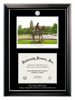 Texas Tech University College of Agricultural Sciences and Natural Resources Double Opening with Campus Image (Stacked) Frame in Classic Ebony with Silver Trim with Black & Silver Mats for document: 8 1/2"h x 11"w  