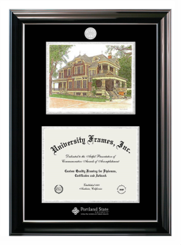 Portland State University OHSU-PSU School of Public Health Double Opening with Campus Image (Stacked) Frame in Classic Ebony with Silver Trim with Black & Silver Mats for document: 8 1/2"h x 11"w  