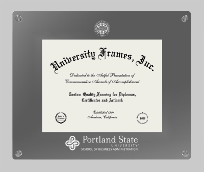 Portland State University School of Business Administration Lucent Clear-over-Smoke Frame in Lucent Smoke Moulding with Lucent Smoke Mat for document: 8 1/2"h x 11"w  