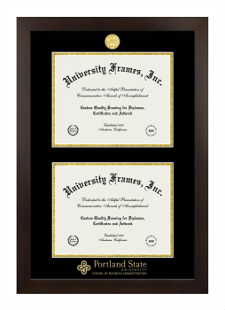 Portland State University School of Business Administration Double Diploma Frame in Manhattan Espresso with Black & Gold Mats for document: 8 1/2"h x 11"w  , document: 8 1/2"h x 11"w  