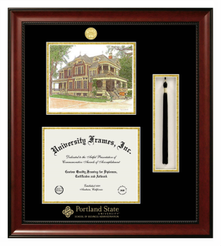 Portland State University School of Business Administration Double Opening with Campus Image & Tassel Box (Stacked) Frame in Avalon Mahogany with Black & Gold Mats for document: 8 1/2"h x 11"w  