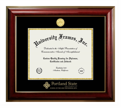 Portland State University School of Fine and Performing Arts Diploma Frame in Classic Mahogany with Gold Trim with Black & Gold Mats for document: 8 1/2"h x 11"w  