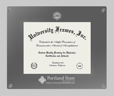 Portland State University School of Fine and Performing Arts Lucent Clear-over-Smoke Frame in Lucent Smoke Moulding with Lucent Smoke Mat for document: 8 1/2"h x 11"w  