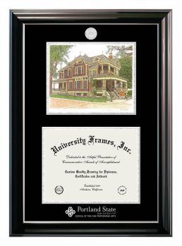Portland State University School of Fine and Performing Arts Double Opening with Campus Image (Stacked) Frame in Classic Ebony with Silver Trim with Black & Silver Mats for document: 8 1/2"h x 11"w  