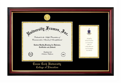 Texas Tech University College of Education Diploma with Announcement Frame in Petite Mahogany with Gold Trim with Black & Gold Mats for document: 8 1/2"h x 11"w  , diploma: 7"h x 4"w  