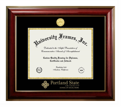 Portland State University School of Social Work Diploma Frame in Classic Mahogany with Gold Trim with Black & Gold Mats for document: 8 1/2"h x 11"w  