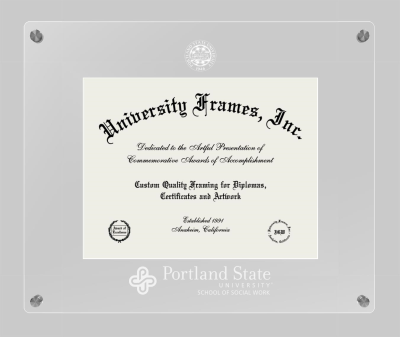 Portland State University School of Social Work Lucent Clear-over-Clear Frame in Lucent Clear Moulding with Lucent Clear Mat for document: 8 1/2"h x 11"w  
